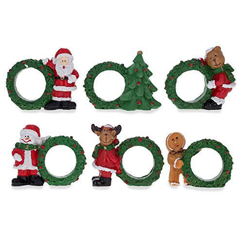 Set of 6 Santa, Snowman, Reindeer Christmas Wreath Napkin Rings 2.5 Inches