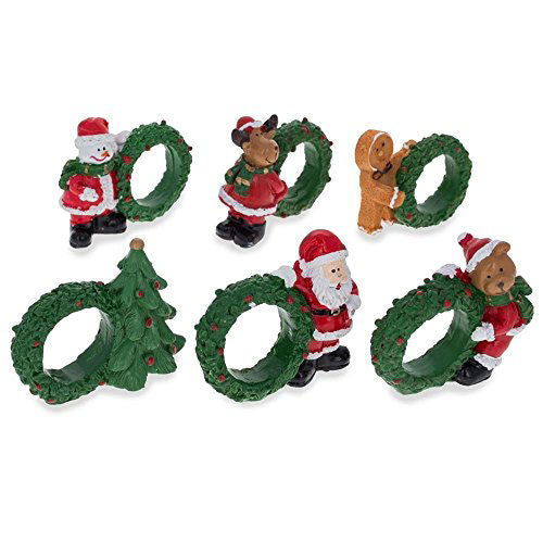 Set of 6 Santa, Snowman, Reindeer Christmas Wreath Napkin Rings 2.5 Inches